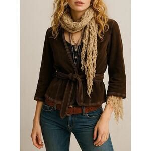 Vintage 90’s Y2K Suede Jacket XS Brown Boho Western Belted